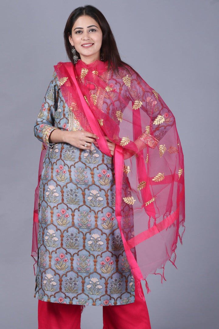 anokherang Combos XS Slate Gray Mughal Printed Gotta Straight Kurti with Straight Palazzos and Pink Embroidered Dupatta