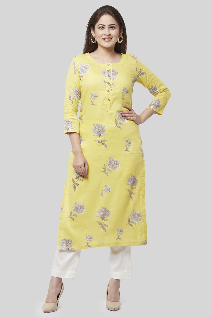 anokherang Combos XS Spring Lemon Floral Straight Kurti with Straight Pant