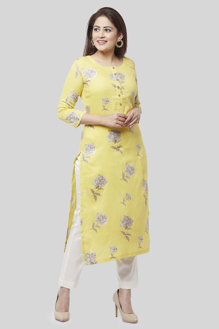 anokherang Combos XS Spring Lemon Floral Straight Kurti with Straight Pant