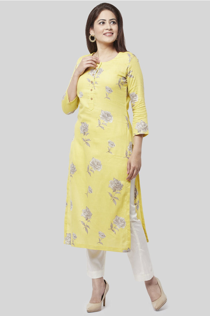 anokherang Combos XS Spring Lemon Floral Straight Kurti with Straight Pant