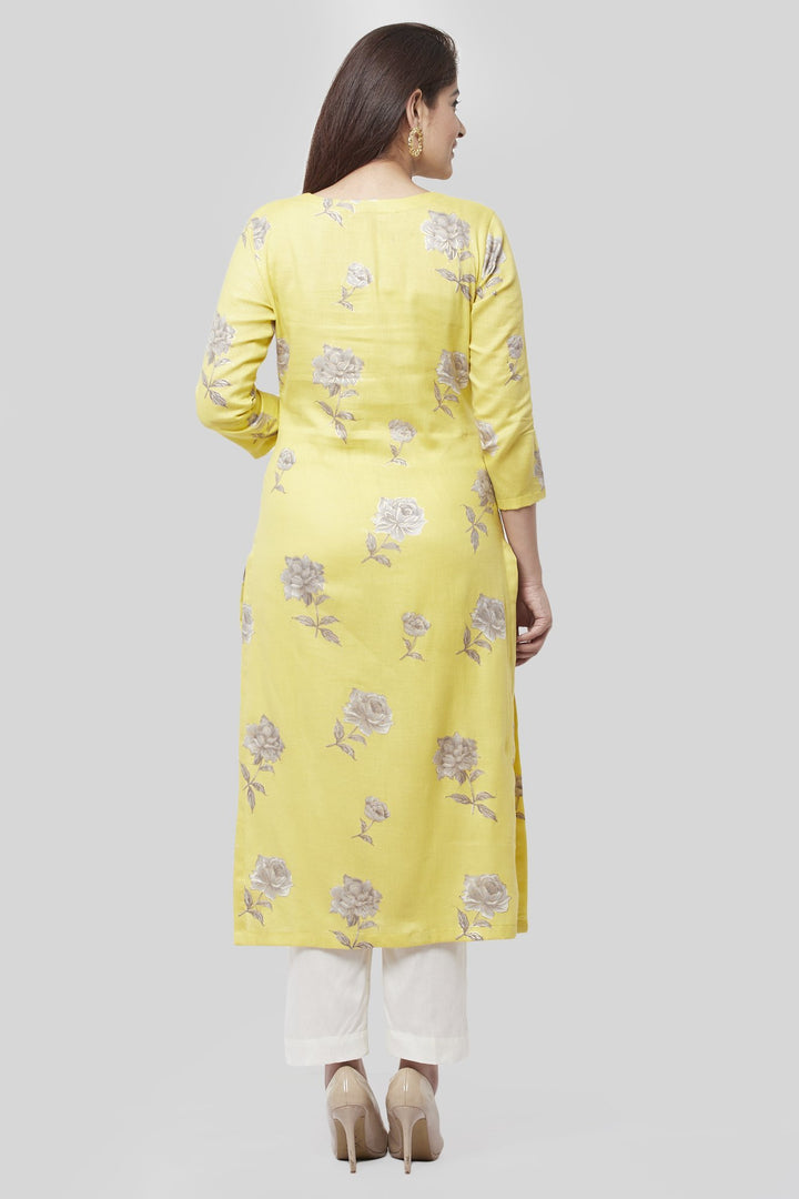 anokherang Combos XS Spring Lemon Floral Straight Kurti with Straight Pant
