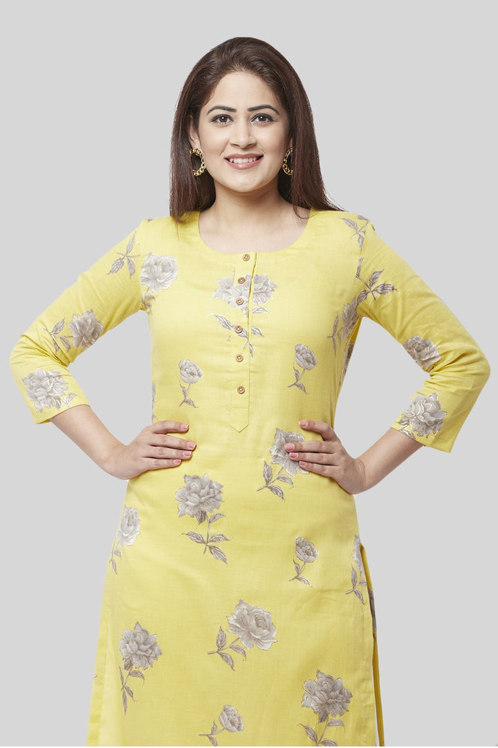 anokherang Combos XS Spring Lemon Floral Straight Kurti with Straight Pant