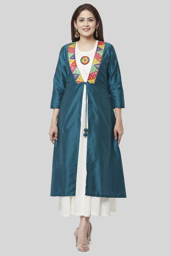 anokherang Combos XS Turquoise Kutch Jacket Dress with Off-White Floor Length