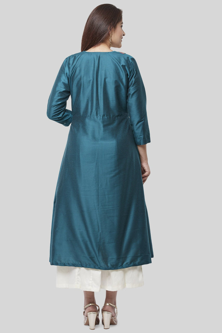 anokherang Combos XS Turquoise Kutch Jacket Dress with Off-White Floor Length