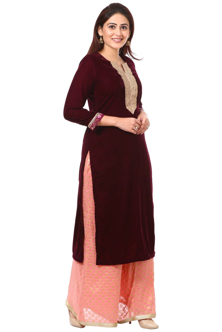 anokherang Combos XS Wine Purple Velvet Kurti