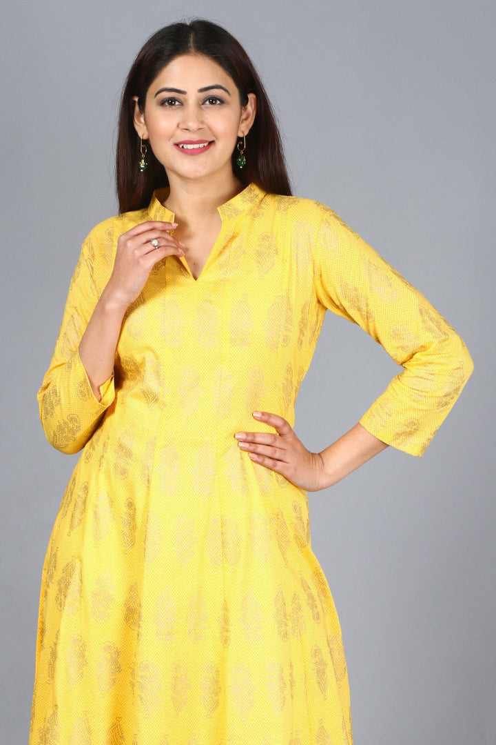 anokherang Combos XS Yellow Foil Print Mughal Kurti with Off-White Churidaar