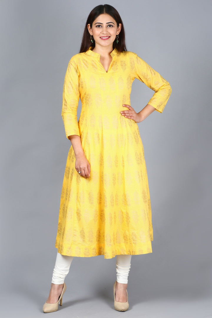 anokherang Combos XS Yellow Foil Print Mughal Kurti with Off-White Churidaar