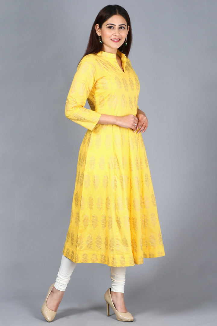 anokherang Combos XS Yellow Foil Print Mughal Kurti with Off-White Churidaar