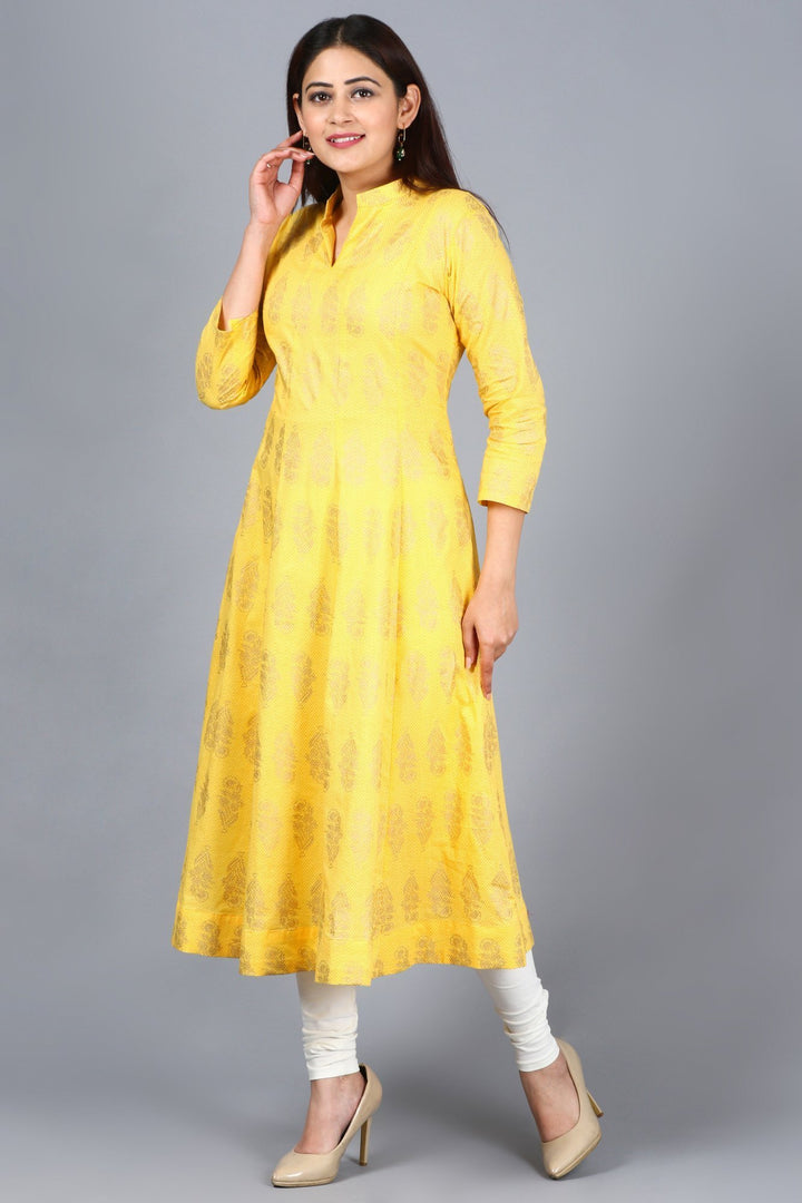 anokherang Combos XS Yellow Foil Print Mughal Kurti with Off-White Churidaar
