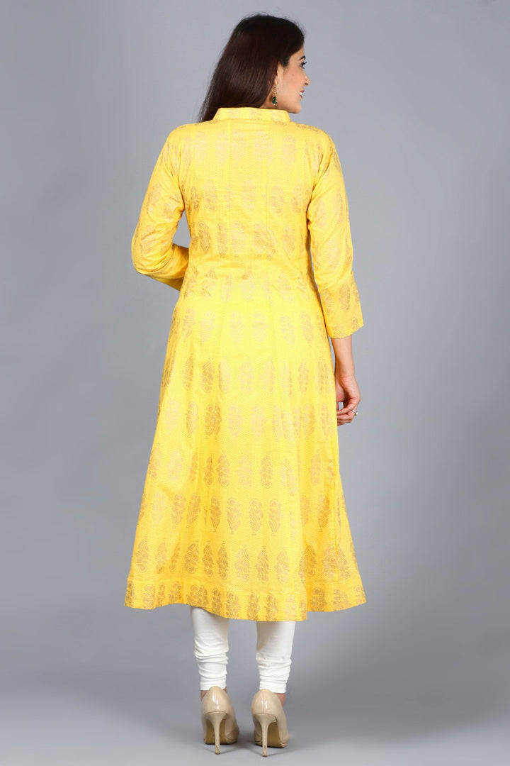 anokherang Combos XS Yellow Foil Print Mughal Kurti with Off-White Churidaar and Mirror Organza Dupatta