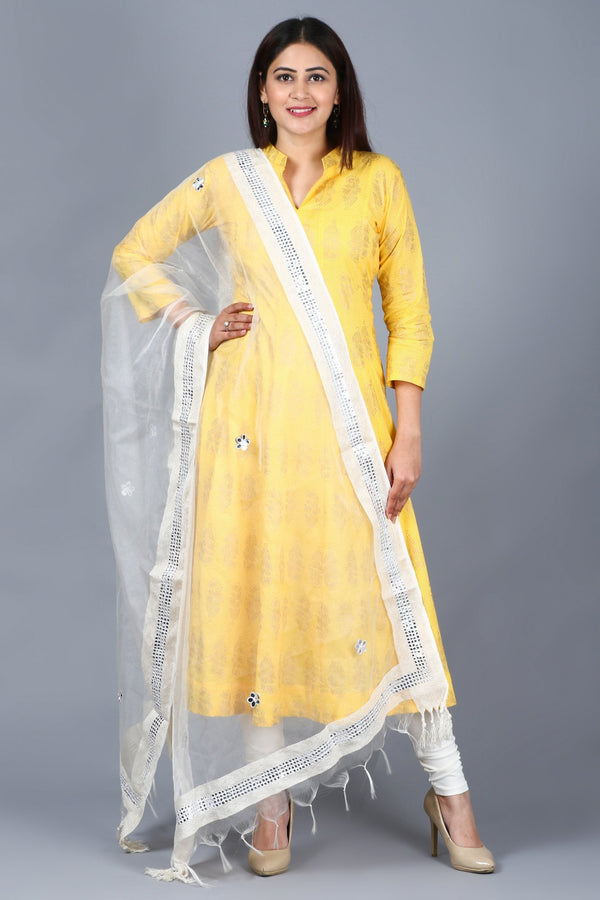 anokherang Combos XS Yellow Foil Print Mughal Kurti with Off-White Churidaar and Mirror Organza Dupatta