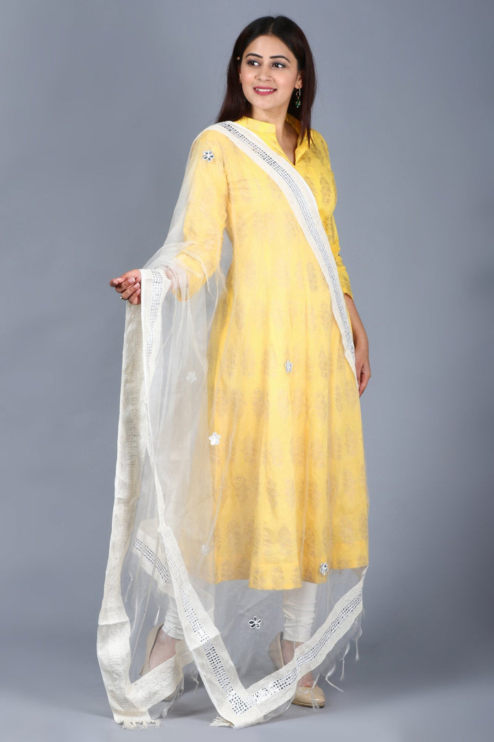 anokherang Combos XS Yellow Foil Print Mughal Kurti with Off-White Churidaar and Mirror Organza Dupatta