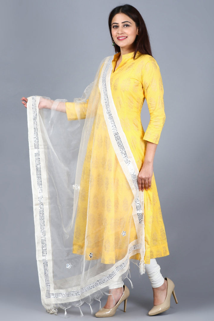 anokherang Combos XS Yellow Foil Print Mughal Kurti with Off-White Churidaar and Mirror Organza Dupatta