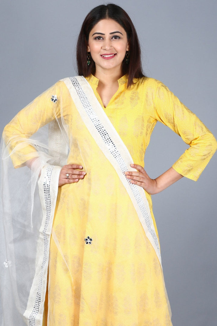 anokherang Combos XS Yellow Foil Print Mughal Kurti with Off-White Churidaar and Mirror Organza Dupatta