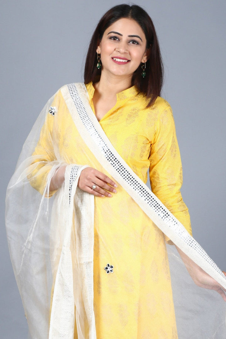 anokherang Combos XS Yellow Foil Print Mughal Kurti with Off-White Churidaar and Mirror Organza Dupatta