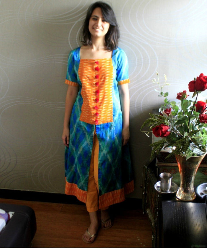 anokherang Combos YellBe Front Ikkat Kurti with Straight Pants