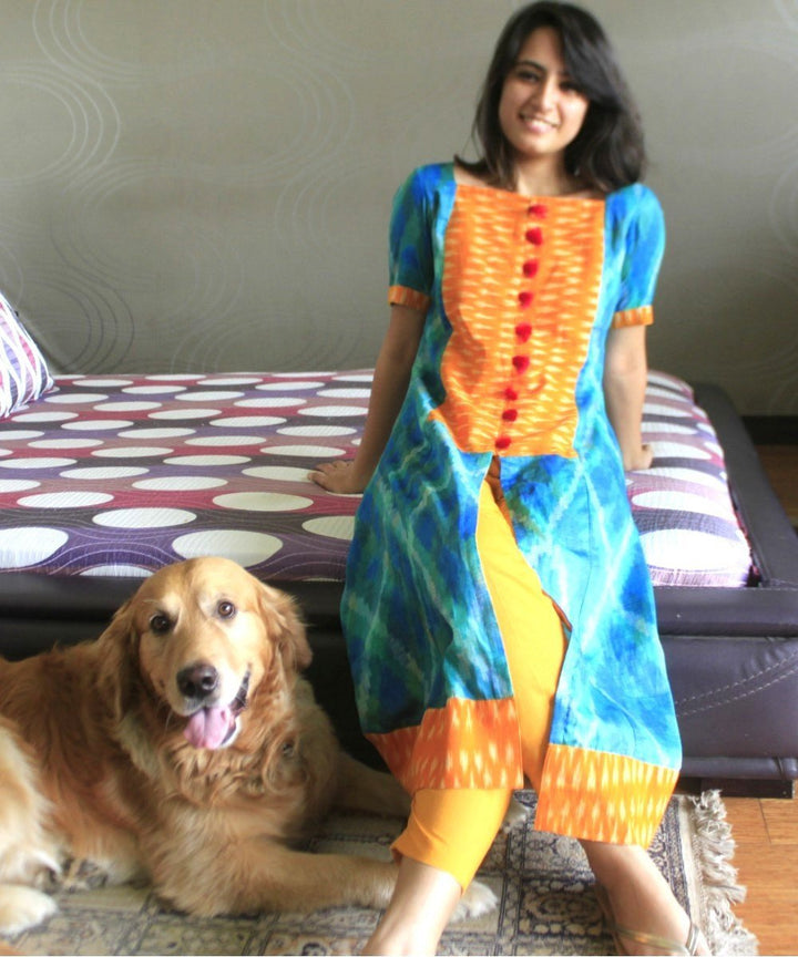 anokherang Combos YellBe Front Ikkat Kurti with Straight Pants