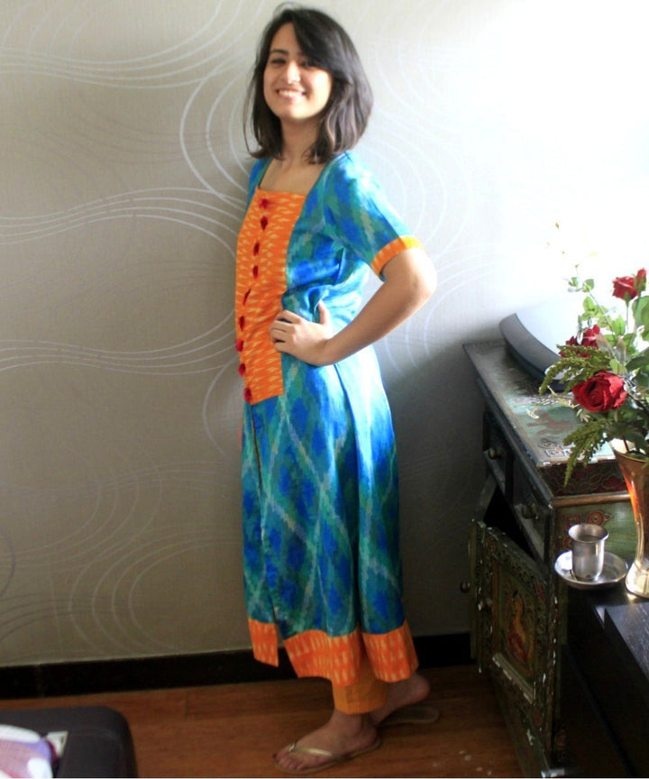 anokherang Combos YellBe Front Ikkat Kurti with Straight Pants
