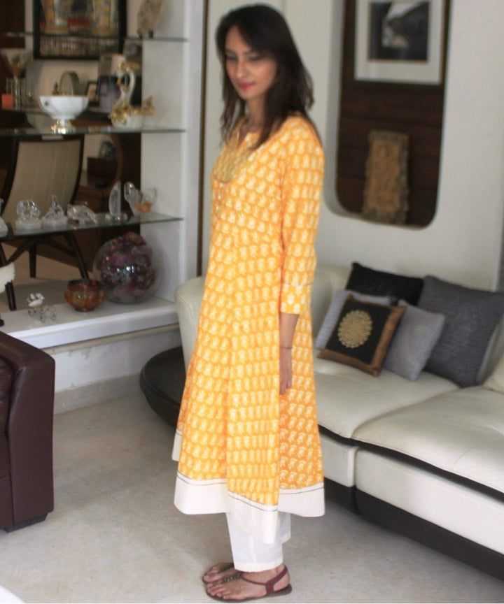 anokherang Combos Yellow Dreamer Paneled Kurti with Straight Pants