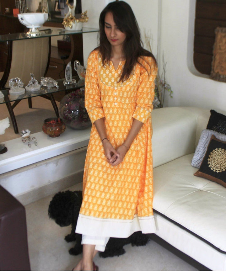anokherang Combos Yellow Dreamer Paneled Kurti with Straight Pants
