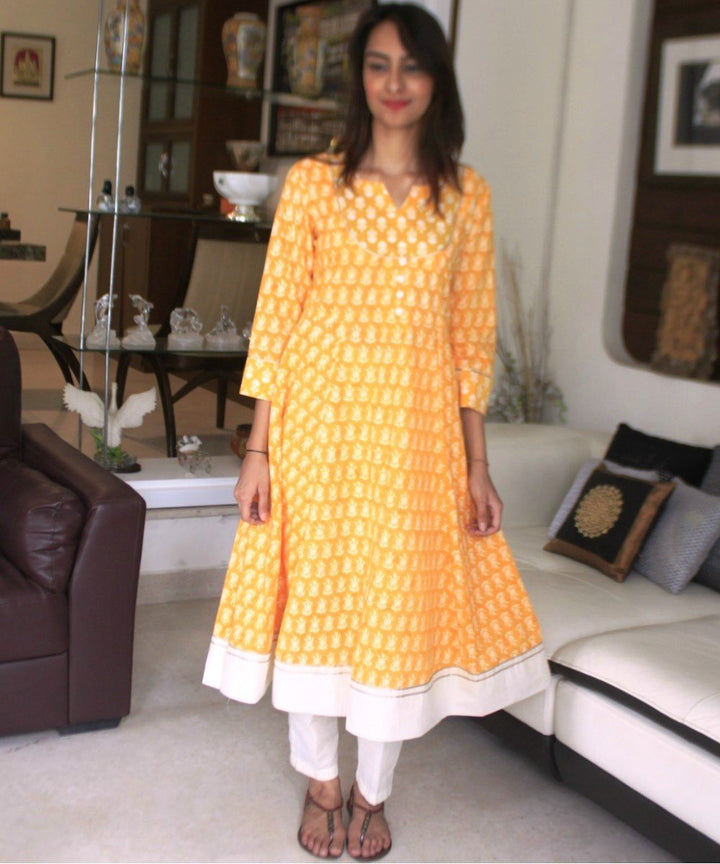 anokherang Combos Yellow Dreamer Paneled Kurti with Straight Pants