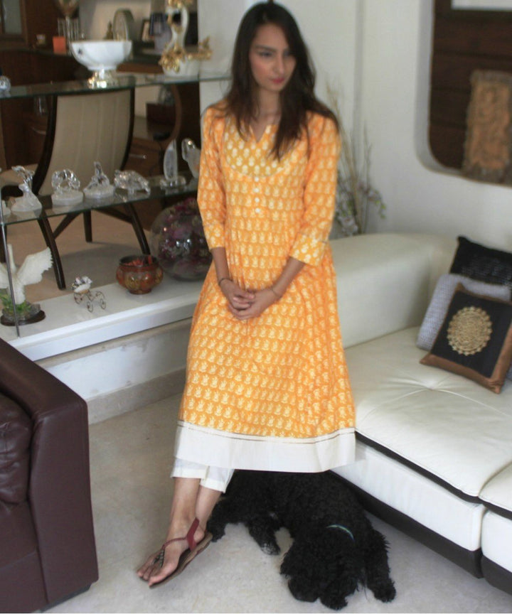 anokherang Combos Yellow Dreamer Paneled Kurti with Straight Pants