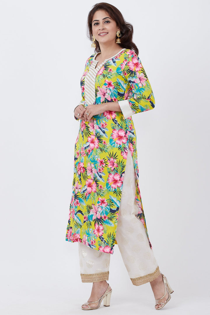 anokherang Combos Yellow Floral Kurti with Off-White Foil Printed Palazzo