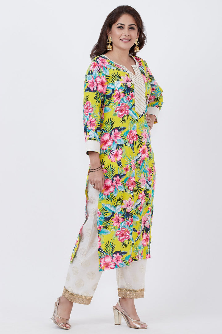 anokherang Combos Yellow Floral Kurti with Off-White Foil Printed Palazzo