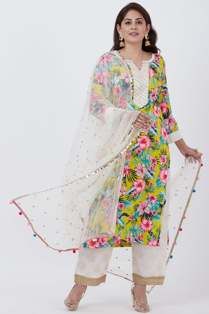 anokherang Combos Yellow Floral Kurti with Off-White Foil Printed Palazzo and Net Sequins Dupatta