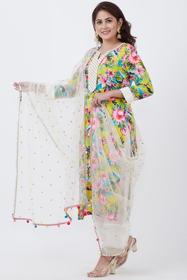 anokherang Combos Yellow Floral Kurti with Off-White Foil Printed Palazzo and Net Sequins Dupatta