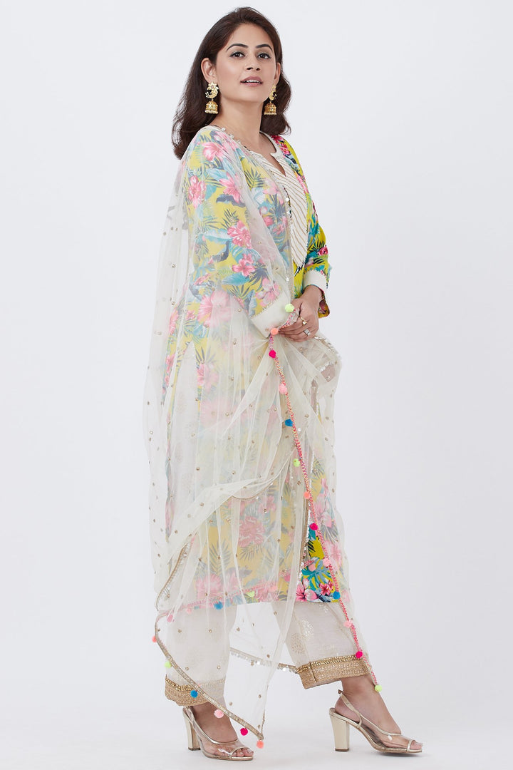 anokherang Combos Yellow Floral Kurti with Off-White Foil Printed Palazzo and Net Sequins Dupatta