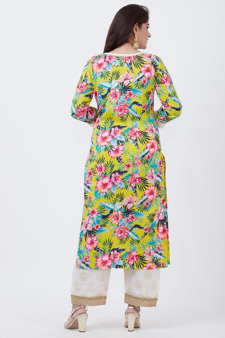 anokherang Combos Yellow Floral Kurti with Off-White Foil Printed Palazzo and Net Sequins Dupatta