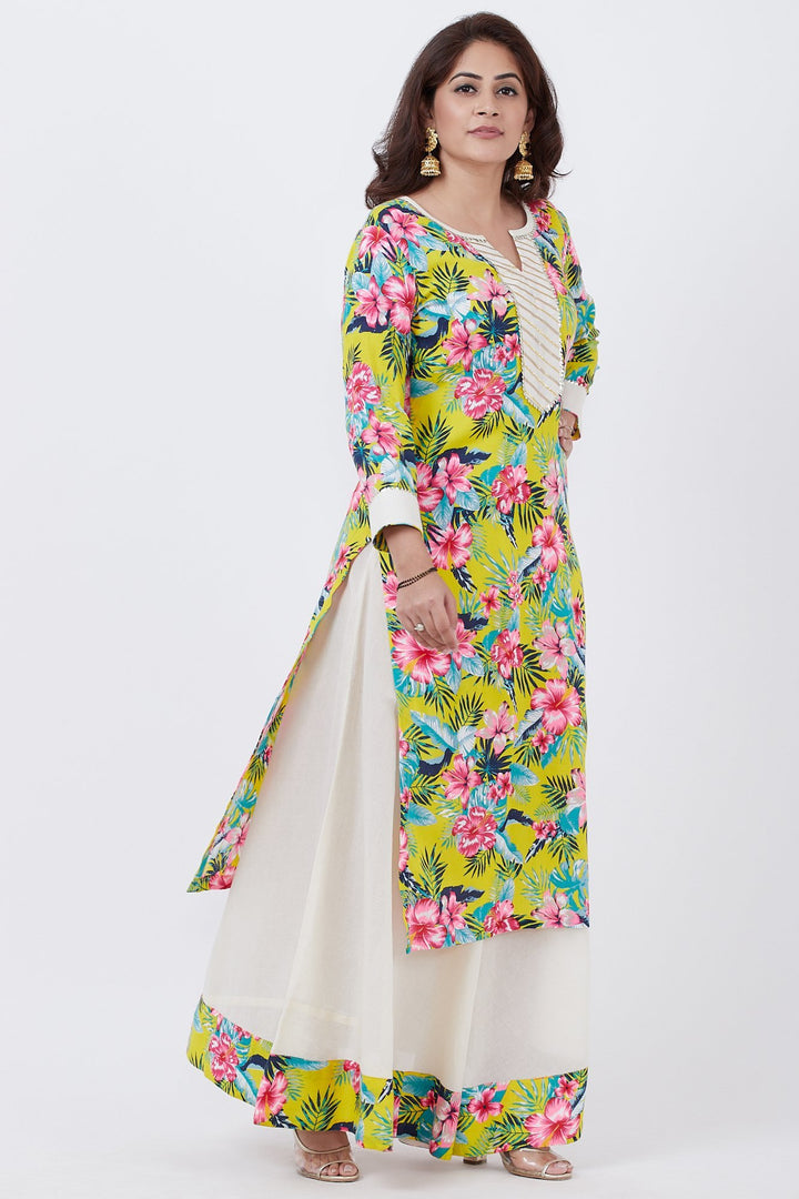 anokherang Combos Yellow Floral Kurti with Off-White Skirt