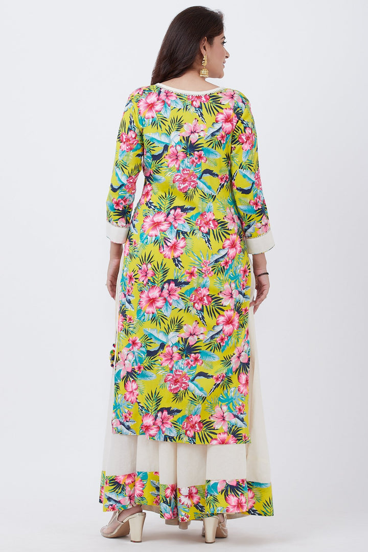 anokherang Combos Yellow Floral Kurti with Off-White Skirt