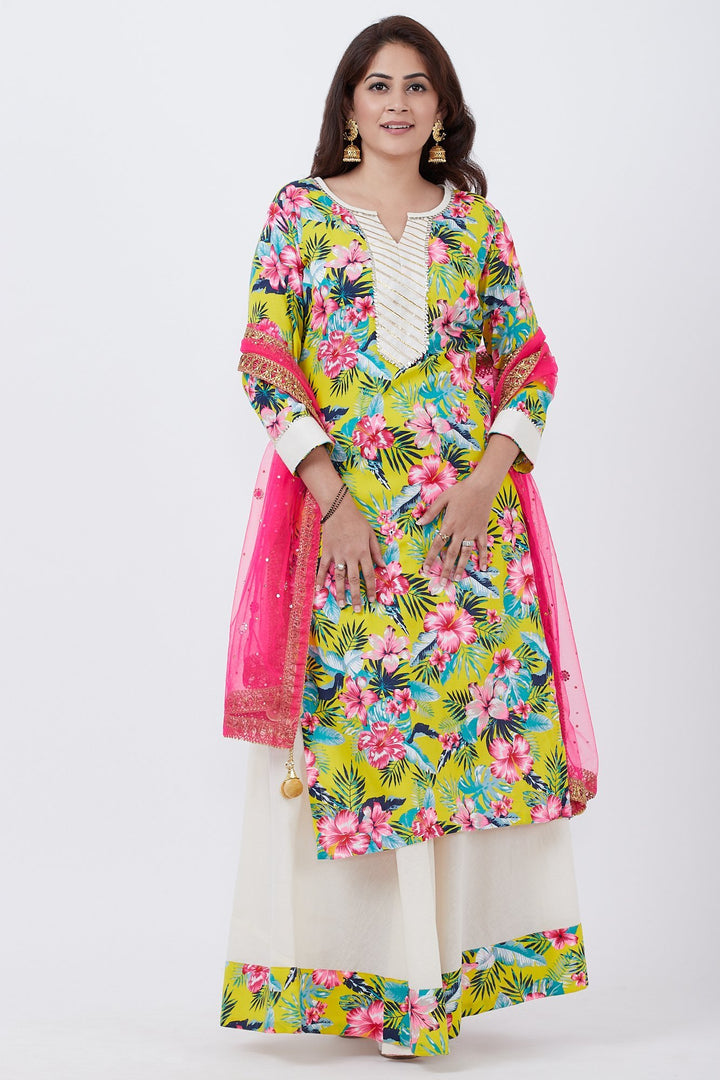 anokherang Combos Yellow Floral Kurti with Off-White Skirt and Pink Net Mirror Stone Dupatta