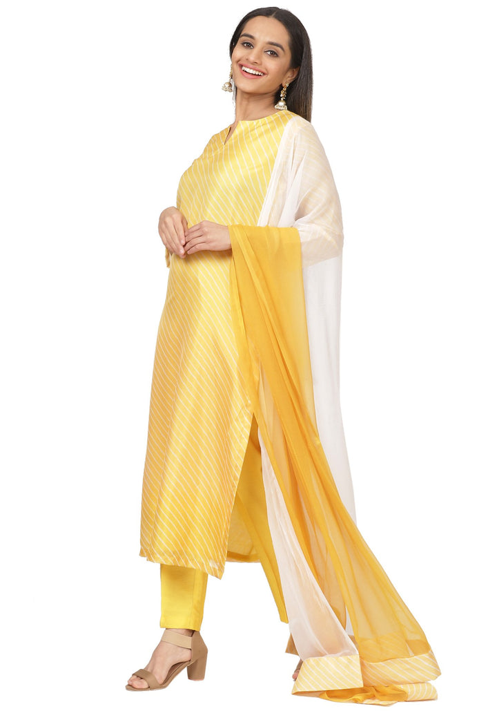 anokherang Combos Yellow Leheriya Straight Kurti with Straight Pants and Dual Color Chiffon Dupatta
