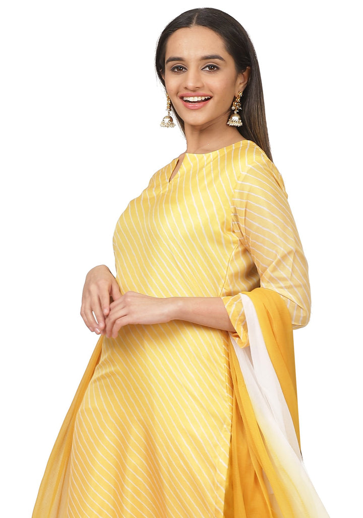 anokherang Combos Yellow Leheriya Straight Kurti with Straight Pants and Dual Color Chiffon Dupatta