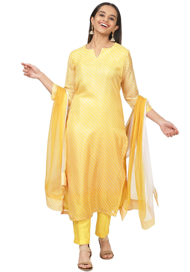 anokherang Combos Yellow Leheriya Straight Kurti with Straight Pants and Dual Color Chiffon Dupatta