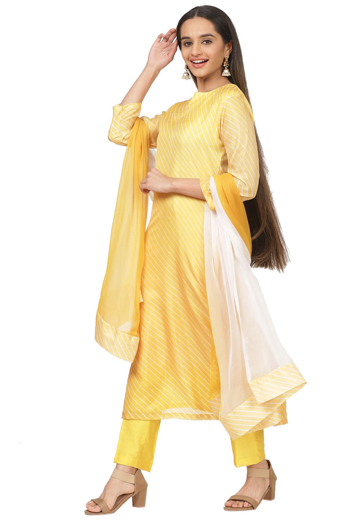 anokherang Combos Yellow Leheriya Straight Kurti with Straight Pants and Dual Color Chiffon Dupatta