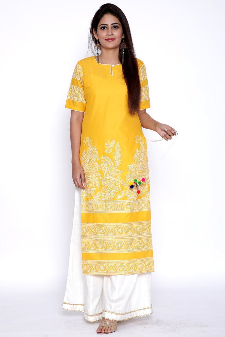 anokherang Combos Yellow Paisley Straight Kurti with Flared Palazzo