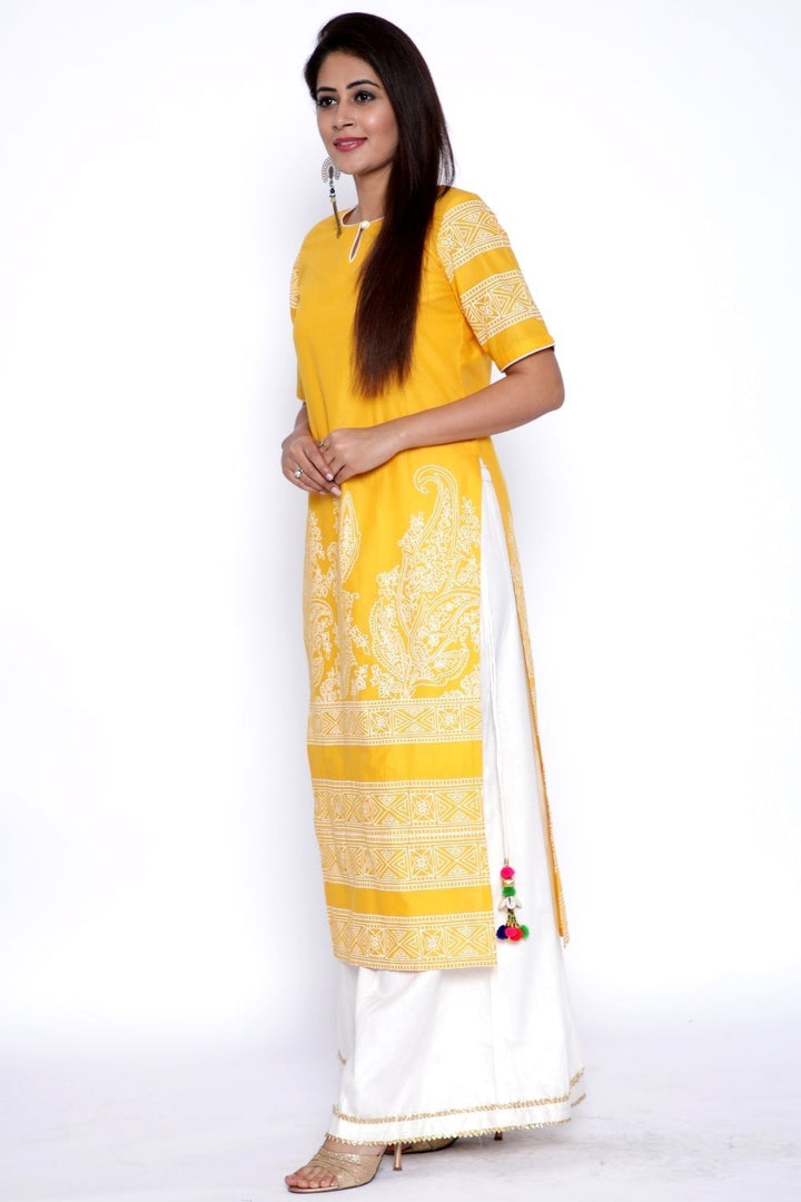 anokherang Combos Yellow Paisley Straight Kurti with Flared Palazzo