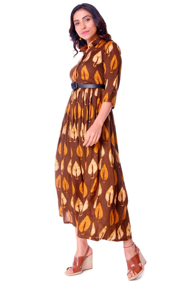anokherang Dress Coffee Pleated Belted Collared Dress