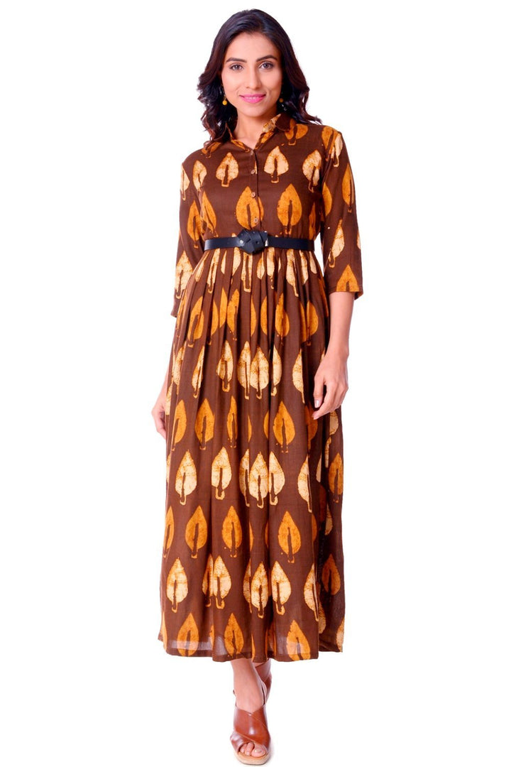 anokherang Dress Coffee Pleated Belted Collared Dress