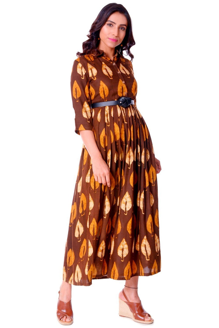 anokherang Dress Coffee Pleated Belted Collared Dress