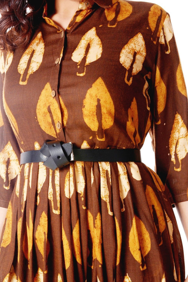 anokherang Dress Coffee Pleated Belted Collared Dress