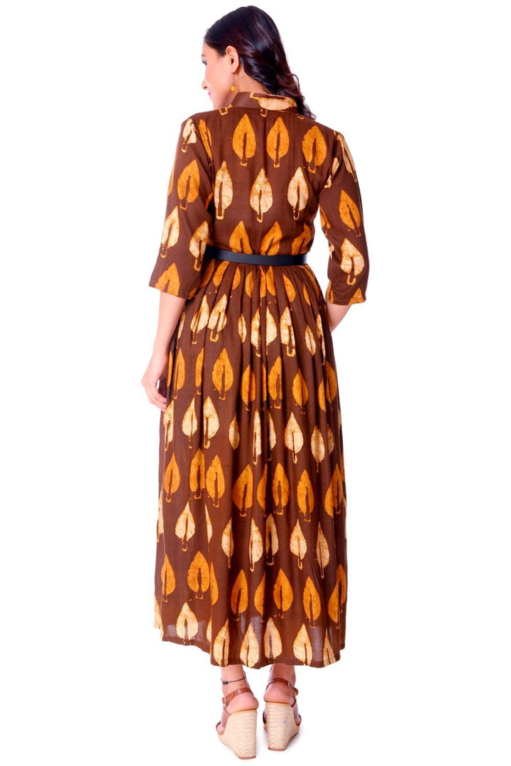 anokherang Dress Coffee Pleated Belted Collared Dress
