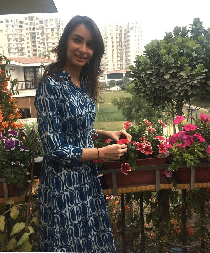 anokherang Dress Collared Knee-Length Indigo Dress with Drawstring Waist