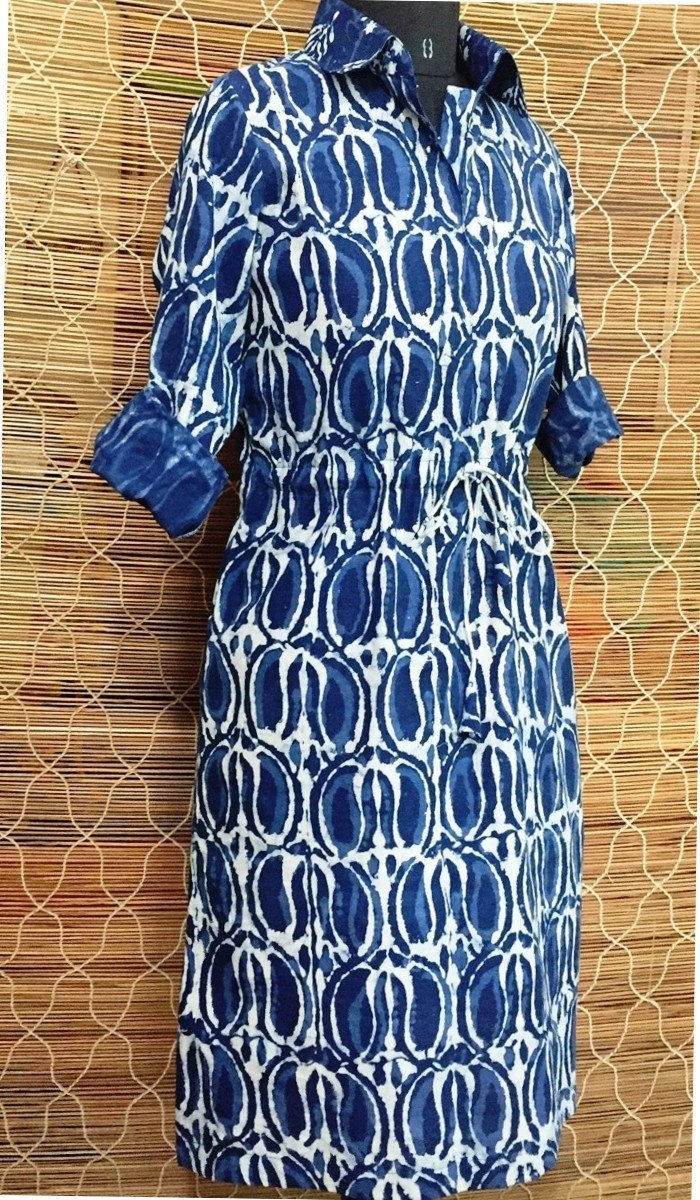 anokherang Dress Collared Knee-Length Indigo Dress with Drawstring Waist