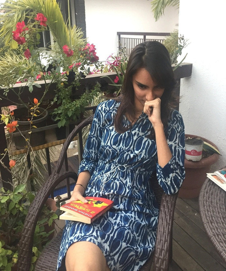 anokherang Dress Collared Knee-Length Indigo Dress with Drawstring Waist