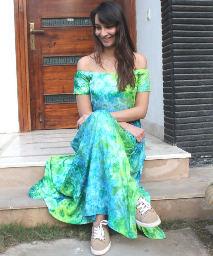 anokherang Dress Green Blue Tie-Dye Burst Maxi Off Shoulder Dress